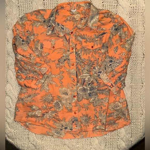 Ivy Jane snap front Floral Orange Women's Top shirt (L) - Picture 2 of 7